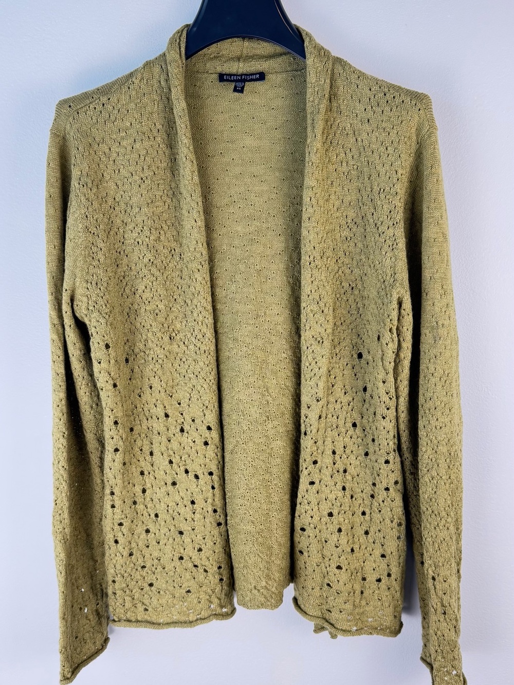 Eileen Fisher Open Cardigan Olive Green 100% Merino Wool Holey Texture Size XS